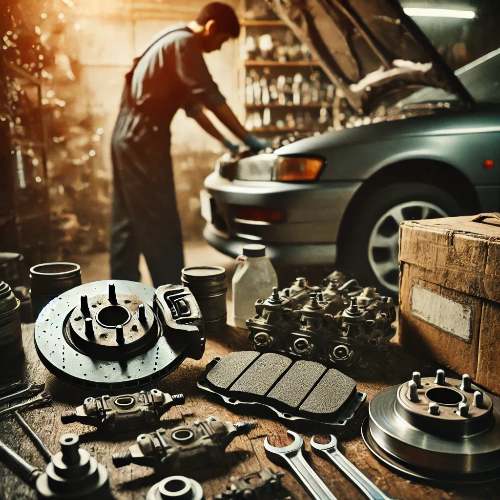 یک عکس گرافیکی که مردی در حال نعمیره ماشینه و رو میز قطعات یدکی هست