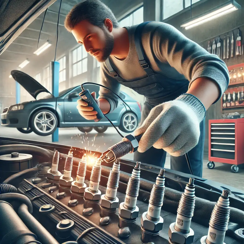 عکس گرافیکی مردی که در حال تعویض شمع های ماشین می باشد