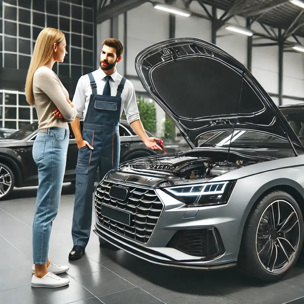 عکس گرافیکی از مردی که داره مشخصات فنی یک خودرو رو برای خانمی توضیح میده