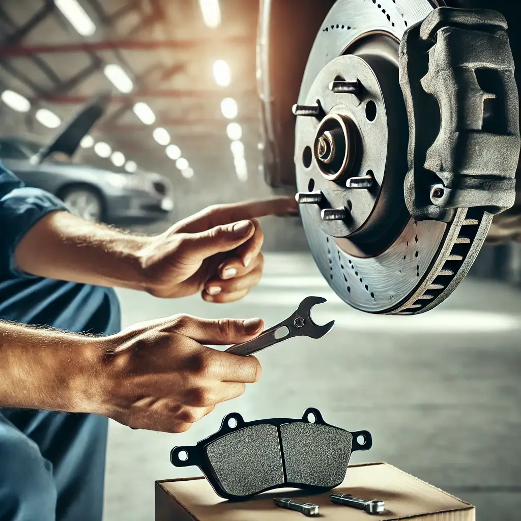 عکس گرافیکی از یک شخص که مشغول تعویض لنت ترمز می باشد.